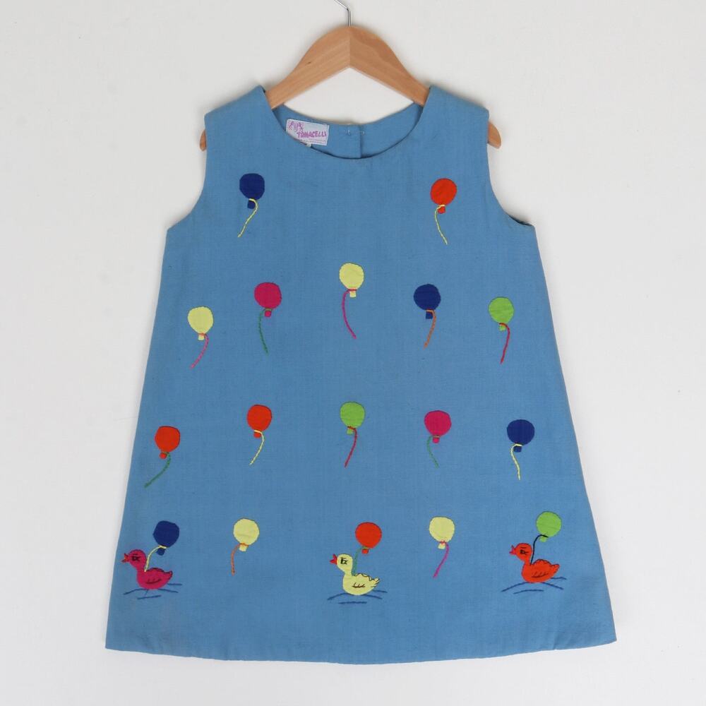 Vintage 1970s Tomacelli Balloon and Ducks Embroidered Applique Cotton Dress